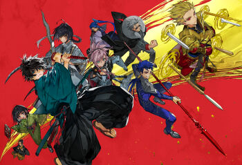 1other 2girls 6+boys androgynous armor black_hair blue_bodysuit blue_eyes blue_hair bodysuit book braid brother_and_sister character_request closed_mouth commentary_request crimson_codex_(fate) cu_chulainn_(fate) cu_chulainn_(fate/stay_night) cu_chulainn_(lancer)_(fate) fate/samurai_remnant fate_(series) gae_bolg_(fate) gate_of_babylon_(fate) gilgamesh_(fate) gilgamesh_(ruler)_(fate) green_kimono grey_hair highres holding holding_sword holding_weapon japanese_clothes katana kimono li_shuwen_(fate) li_shuwen_(old)_(fate) long_hair miyamoto_iori_(fate) miyamoto_musashi_(fate) miyamoto_musashi_(woman_of_niten_ichiryuu)_(fate) multiple_boys multiple_girls mura_karuki official_alternate_costume ogasawara_kaya pauldrons polearm ponytail red_background red_eyes sandals sasaki_kojirou_(fate) short_hair shoulder_armor siblings sidelocks simple_background sitting smile spear sunglasses sword toenails toes weapon yamato_takeru_(fate)