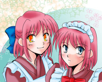 2girls apron asuka_(aqua_space) blue_bow blue_eyes bow hair_bow hisui_(tsukihime) japanese_clothes kimono kohaku_(tsukihime) light_smile looking_at_viewer maid maid_headdress multiple_girls red_hair short_hair siblings sisters smile star_(symbol) takeuchi_takashi_(style) tsukihime twins white_apron yellow_eyes