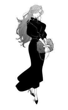 1girl bag black_dress breasts commentary_request dress earrings eyelashes greyscale handbag holding holding_bag jewelry large_breasts long_eyelashes long_hair makeup monochrome nail_polish osg_pk police_and_lady simple_background smile torikai_emma white_background