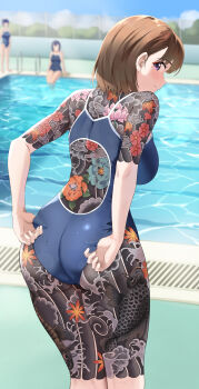 3girls absurdres anegasaki_nene ass back_cutout back_tattoo blue_one-piece_swimsuit blurry blurry_background breasts brown_hair clothing_cutout commission highres irezumi large_breasts love_plus mole mole_under_eye multiple_girls omeletricetaro3 one-piece_swimsuit outdoors pool poolside purple_eyes solo_focus swimsuit tattoo