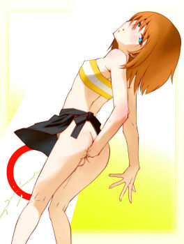 1boy anal anal_fisting anal_object_insertion apron ass bare_shoulders blue_eyes blush brown_hair covered_erect_nipples crossdressing crossdressing_(mtf) cum ejaculation erection fisting heroman highres joey_jones kneepits looking_at_viewer looking_back male_focus male_penetrated masturbation midriff object_insertion orgasm parted_lips penis self_fisting shota solo standing strapless tekuteku_(yuuhodou) testicles trap tube_top waist_apron