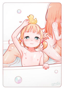 1boy 2girls absurdres arm_around_back arm_up armpits artist_name bath bathing bathtub blonde_hair blue_eyes blush bubble closed_mouth collarbone completely_nude flat_chest hair_tie highres loli looking_at_viewer monchichiwa multiple_girls nipples nude original rubber_duck short_hair short_twintails smile straddling twintails wet