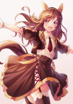1girl absurdres animal_ears black_jacket black_necktie black_skirt black_thighhighs blush breasts brown_hair buena_vista_(heroina_inocente)_(umamusume) buena_vista_(umamusume) camellia_(camel_mal) checkered_hairband ear_covers garter_straps hair_between_eyes hair_ornament hairband headband highres horse_ears horse_girl horse_tail jacket looking_at_viewer medium_hair necktie open_clothes open_jacket open_mouth outstretched_arms purple_eyes shirt short_sleeves simple_background skirt smile solo spread_arms tail thighhighs umamusume white_shirt