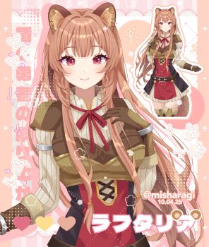 1girl abstract_background animal_ear_fluff animal_ears armor armored_gloves black_dress blunt_bangs breastplate breasts brown_armor brown_hair closed_mouth collared_dress commentary commission cowboy_shot cropped_legs double-parted_bangs dress elbow_gloves english_commentary eyelashes gloves hand_on_own_chest heart high_collar highres ibispaint_(medium) layered_dress leather_armor long_hair long_sleeves medium_breasts metal_arm_cuffs metal_hair_tubes metal_wrist_cuffs misharagi multiple_views neck_ribbon outline pauldrons pink_background pinstripe_dress pinstripe_pattern raccoon_ears raccoon_girl raccoon_tail raphtalia red_dress red_eyes red_ribbon ribbon shoulder_armor single_pauldron sleeveless sleeveless_dress smile solo star_(symbol) straight-on tail tate_no_yuusha_no_nariagari translation_request two-tone_dress upper_body vgen_commission white_background white_dress white_outline