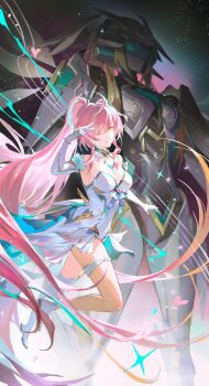 1girl aemeath_(wuthering_waves) arm_up beamed_eighth_notes breasts commentary duetrofl elbow_gloves english_commentary exostrider_(wuthering_waves) gloves highres leotard long_hair looking_at_viewer medium_breasts musical_note one_eye_closed parted_lips pink_hair ponytail showgirl_skirt skirt smile v white_gloves white_leotard white_skirt wuthering_waves yellow_eyes