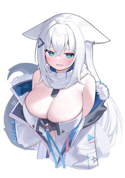 1girl absurdres alternate_breast_size alternate_hairstyle animal_ears blue_eyes breasts cleavage commentary cropped_torso deaver fox_ears fox_girl fox_tail highres hololive jacket large_breasts long_hair looking_at_viewer pentagram shirakami_fubuki simple_background solo tail virtual_youtuber white_background white_hair white_jacket