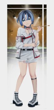 Rule 34 | 1girl, absurdres, blue eyes, blue hair, boots, collar, commentary, english commentary, fishnet socks, fishnets, full body, highres, hiodoshi ao, hiodoshi ao (regloss uniform), holding, holding paintbrush, hololive, hololive dev is, jacket, kneehighs, looking at viewer, lyska27, medium hair, official alternate costume, paintbrush, shirt, shorts, single kneehigh, single sock, socks, solo, standing, virtual youtuber, white boots, white jacket, white shirt, white shorts