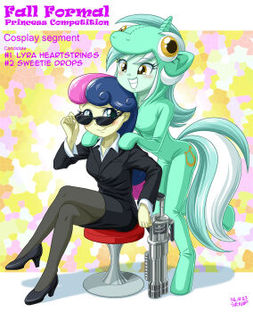 2girls bonbon_(my_little_pony) gun lyra_heartstrings multiple_girls my_little_pony my_little_pony:_equestria_girls my_little_pony:_friendship_is_magic personification uotapo weapon