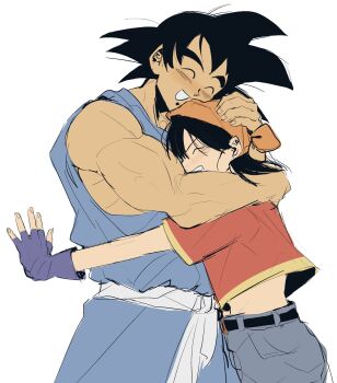 Rule 34 | 1boy, 1girl, bandana, belt, black gloves, black hair, blush, dougi, dragon ball, dragon ball gt, fingerless gloves, gloves, grandfather and granddaughter, highres, navel, open mouth, orange bandana, pan (dragon ball), pants, red shirt, saiyan, shirt, short hair, simple background, smile, solo, son goku, spiked hair, yajirobeswife