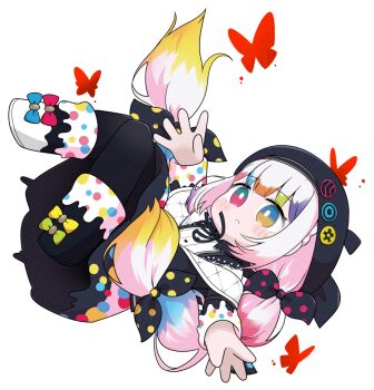 Rule 34 | 1girl, :o, animal, asymmetrical footwear, beret, black boots, black hat, black jacket, black pantyhose, black ribbon, blue bow, blue eyes, blue hair, blush, boots, bow, brown hair, bug, butterfly, chibi, collared shirt, commentary request, dress shirt, fold-over boots, full body, green bow, grey hair, hat, insect, jacket, jogasaki noah, knees together feet apart, long hair, long sleeves, low twintails, mahou shoujo no majo saiban, miranofuudoria, mismatched footwear, multicolored eyes, multicolored hair, neck ribbon, open clothes, open jacket, pantyhose, parted lips, pink skirt, purple hair, red bow, red eyes, ribbon, shirt, simple background, skirt, solo, streaked hair, twintails, two-tone hair, very long hair, white background, white boots, white hair, white shirt, yellow bow