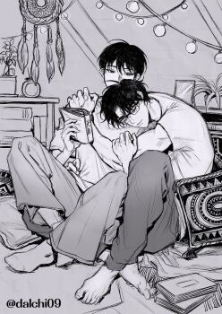 2boys barefoot book book_stack commentary crossed_ankles curled_up dalchi09 dreamcatcher english_commentary glasses greyscale hand_on_another's_arm hand_on_another's_hip highres holding holding_book hug hug_from_behind indoors kim_dokja male_focus monochrome multiple_boys omniscient_reader's_viewpoint on_ground pillow plant potted_plant shirt short_hair sitting t-shirt toned toned_male yaoi yoo_joonghyuk