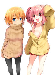 Rule 34 | 2girls, :d, arm up, black thighhighs, blonde hair, blue eyes, breasts, brown sweater, cardigan, closed mouth, collarbone, commentary request, feet out of frame, hair between eyes, long sleeves, medium breasts, multiple girls, no shirt, open mouth, original, pink hair, plaid, plaid skirt, pleated skirt, puffy long sleeves, puffy sleeves, red eyes, red skirt, ribbed sweater, simple background, skirt, sleeves past fingers, sleeves past wrists, smile, standing, sweater, thighhighs, turtleneck, turtleneck sweater, two side up, watarui, white background, yellow cardigan