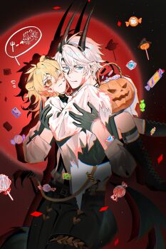 2boys absurdres aged_down alternate_costume animal_ears antenna_hair black_choker black_gloves black_shorts blonde_hair blood blood_on_clothes blood_on_face blue_eyes blush braid chinese_commentary choker commentary_request demon_horns facial_tattoo ghost_costume gloves gradient_hair half_gloves halloween halloween_bucket halloween_costume highres honkai:_star_rail honkai_(series) horns k8956770 lion_boy lion_ears lion_tail male_focus medium_hair multicolored_hair multiple_boys mydei_(honkai:_star_rail) parted_bangs phainon_(honkai:_star_rail) red_hair red_tattoo shirt short_hair shorts side_braid spotlight tail tattoo white_hair white_shirt yaoi yellow_eyes