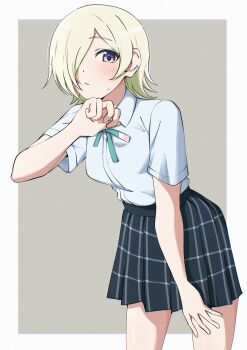 1girl absurdres black_skirt blonde_hair blue_shirt blush border collared_shirt commentary dress_shirt flipped_hair green_ribbon grey_background highres leaning_forward looking_at_viewer love_live! love_live!_nijigasaki_high_school_idol_club mia_taylor miniskirt neck_ribbon nijigasaki_school_uniform outside_border plaid_clothes plaid_skirt pleated_skirt purple_eyes ribbon school_uniform shirt short_hair short_sleeves simple_background skirt solo standing summer_uniform sweatdrop uchuu_no_mozuku white_border