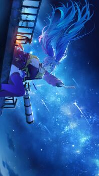 Rule 34 | absurdres, animal ear fluff, animal ears, armpits, blue hair, collar, commentary request, floating hair, hair ornament, highres, jacket, lamp, long hair, long sleeves, mameko (l8 w3), multicolored hair, nerou vivi, purple thighhighs, railing, reaching, shooting star, sitting, sky, star (sky), starry sky, telescope, thighhighs, two-tone hair, varise, x hair ornament