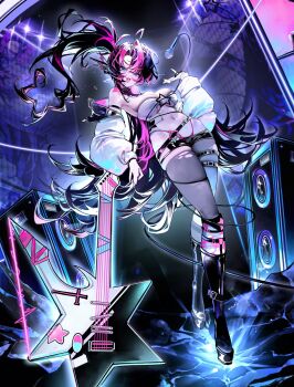 1girl amu1207 black_pantyhose electric_guitar fang guitar instrument microphone multicolored_hair navel original pantyhose solo thigh_strap