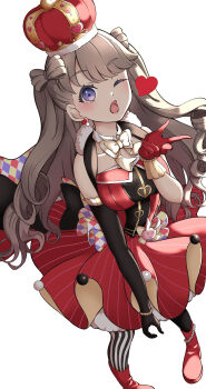 1girl absurdres aoiao arched_crown asymmetrical_gloves bare_shoulders black_gloves black_thighhighs blowing_kiss boots bow bow-shaped_hair bowtie breasts collarbone commentary_request crown dress elbow_gloves fujishima_megumi full_body gloves heart heart-shaped_gem highres holding holding_staff large_breasts link!_like!_love_live! looking_at_viewer love_live! mismatched_gloves mismatched_thighhighs open_mouth pinstripe_dress pinstripe_pattern red_boots red_crown red_dress red_gloves simple_background single_elbow_glove sleeveless sleeveless_dress solo staff striped_clothes striped_thighhighs thighhighs uneven_gloves virtual_youtuber white_background yellow_bow yellow_bowtie zenhoi_kyun