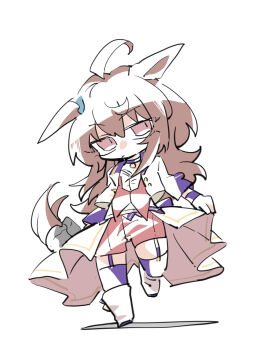 1girl ahoge animal_ears beer_hsk boots brown_hair chibi closed_mouth ears_down full_body garter_straps hair_between_eyes horse_ears horse_girl horse_tail long_hair nakayama_festa_(umamusume) pink_eyes purple_thighhighs red_shorts shadow shorts simple_background solo starting_future_(umamusume) tail thighhighs thighhighs_under_boots umamusume very_long_hair walking white_background white_boots