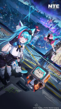 2girls absurdres animal_ear_fluff animal_ears aqua_hair armband aura black-framed_eyewear black_gloves black_jacket black_necktie black_unitard breasts cat_ears cat_girl cat_tail clock clothing_cutout colored_eyelashes company_name copyright_logo copyright_name cross_in_eye english_text glasses gloves hair_ornament highres jacket large_breasts localized_gravity logo long_hair looking_at_viewer mint_(nte) multicolored_hair multiple_girls nanally_(nte) necktie neverness_to_everness night official_art open_mouth pink_armband pink_eyes pink_streaks red_eyes red_hair red_skirt round_eyewear scratching_head skirt sky sleeve_belt smile streaked_hair tail taygedo_(nte) thighhighs tiered_skirt tiger_ears tiger_girl tiger_tail underboob_cutout wall_run white_thighhighs