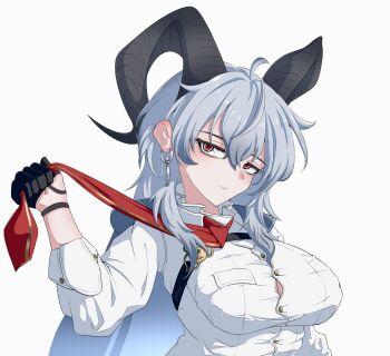 1girl adjusting_clothes adjusting_necktie ahoge black_gloves black_horns breasts button_gap chest_harness closed_mouth collared_shirt commentary curled_horns earrings english_commentary gloves grey_background grey_hair hair_between_eyes half_gloves harness highres horns jewelry jngen97 key_earrings large_breasts long_hair necktie red_eyes red_necktie shirt simple_background solo upper_body white_shirt wuthering_waves zani_(wuthering_waves)