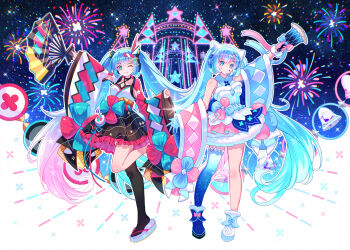 2girls absurdres arm_up asymmetrical_legwear asymmetrical_sleeves bare_shoulders bell black_choker black_skirt black_thighhighs blue_bow blue_eyes blue_gloves blue_hair blush border bow character_name cherry_blossom_print choker closed_mouth collared_dress commentary_request copyright_name detached_sleeves dress drum dual_persona floral_print flower frilled_skirt frills fur-trimmed_dress fur_trim furisode_sleeves gloves hair_between_eyes hair_bow hair_ornament hairclip handbell hatsune_miku headphones highres holding_hands instrument japanese_clothes kimono legs long_hair long_sleeves looking_at_viewer magical_mirai_(vocaloid) magical_mirai_miku magical_mirai_miku_(2020_summer) magical_mirai_miku_(2020_winter) miniskirt mismatched_sleeves multiple_girls multiple_views official_alternate_costume one_eye_closed open_mouth parted_lips pink_bow pink_frills pink_sleeves pleated_skirt sandals sidelocks single_thighhigh skirt sleeveless sleeveless_dress smile snow_boots speaker speech_bubble striped_clothes striped_kimono striped_skirt thighhighs thighs twintails two-tone_bow very_long_hair viclim-monou vocaloid waistband white_dress white_kimono white_sleeves white_wrist_cuffs wide_sleeves wrist_cuffs yukata