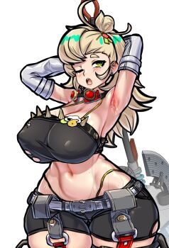 1girl absurdres alternate_breast_size armpits arms_behind_head axe battle_axe belt black_shirt black_shorts blonde_hair blush breasts cleavage close-up covered_erect_nipples cowboy_shot crop_top cropped detached_sleeves goggles goggles_around_neck green_eyes hair_bun hair_ornament highres holding holding_axe holding_weapon large_breasts long_hair midriff mold_(pixiv6616319) navel one_eye_closed open_mouth piper_wheel shirt shorts simple_background single_hair_bun sleepy solo standing sweat thick_thighs thighs torn_clothes unworn_eyewear weapon white_background white_sleeves wide_sleeves yawning zenless_zone_zero