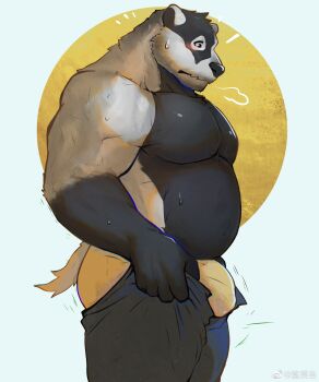 1boy absurdres animal_ear_request ass bara belly blush breath bulge bulge_lift dressing echo_project fat fat_man feet_out_of_frame from_side furry furry_male highres i&#039;ve_never_seen_a_guy_recreate_this_successfully_tbh_(meme) large_pectorals male_focus male_underwear mature_male meme motion_lines muscular muscular_male nik_(the_smoke_room) nullshark open_pants pants pants_lift pectorals short_hair solo stomach the_smoke_room topless_male undersized_clothes underwear yellow_male_underwear