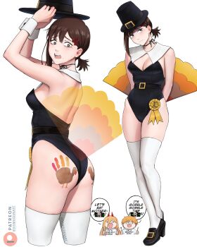 1boy 2girls absurdres arms_up ass black_hat black_leotard black_shoes breasts brown_hair chainsaw_man clothes_writing commentary cropped_legs denji_(chainsaw_man) dismaiden english_commentary english_text fork from_behind hair_between_eyes hair_ornament hairclip handprint hat higashiyama_kobeni highleg highleg_leotard highres holding holding_fork horns leotard looking_at_viewer medium_breasts medium_hair mole mole_under_eye mole_under_mouth multiple_girls multiple_views nervous_sweating open_mouth orange_hair patreon_logo patreon_username power_(chainsaw_man) sharp_teeth shirt shoes simple_background speech_bubble sweat teeth thighhighs thighs upper_teeth_only v-shaped_eyebrows white_background white_shirt white_thighhighs wrist_cuffs