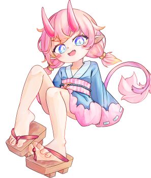 1girl bilingual_commentary blue_eyes chaosexceed commentary english_commentary fang feet full_body geta highres horns japanese_clothes kimono mixed-language_commentary okobo open_mouth original paid_reward_available pink_hair platform_sandals sandals simple_background solo tail toenails toes white_background