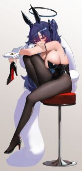 1girl absurdres animal_ears bar_stool black_halo black_leotard black_pantyhose blue_archive blue_eyes breasts chair commentary detached_sleeves fake_animal_ears fake_tail grey_background halo high_heels highres large_breasts leotard looking_at_viewer mcbox on_chair pantyhose playboy_bunny purple_hair rabbit_ears rabbit_tail shoes simple_background single_shoe sitting solo stool symbol-only_commentary tail two_side_up unworn_shoes yuuka_(blue_archive)