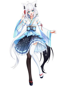 1girl 2026 absurdres animal_ear_fluff animal_ear_piercing animal_ears aqua_eyes aqua_trim asymmetrical_legwear ayana_haku black_hakama black_thighhighs blush braid breasts commentary_request detached_sleeves flower fox_ears fox_girl fox_shadow_puppet fox_tail full_body hair_between_eyes hair_flower hair_ornament hakama hakama_skirt highres hololive japanese_clothes kimono long_hair long_sleeves looking_at_viewer medium_breasts mismatched_legwear obi open_mouth pentagram sandals sash shirakami_fubuki simple_background skirt smile socks solo tail thighhighs very_long_hair virtual_youtuber white_background white_hair white_kimono white_socks white_thighhighs wide_sleeves