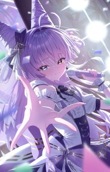 1girl absurdres ahoge blue_eyes bow center_frills choigoli closed_mouth commentary cone_hair_bun cowboy_shot double_bun film_grain frilled_shirt frills glint hair_bow hair_bun hair_intakes hand_up heterochromia highres holding holding_microphone long_hair looking_at_viewer microphone multicolored_bow outstretched_arm palms purple_hair reaching reaching_towards_viewer shirt short_sleeves solo spread_fingers stage_lights standing stellive sweat symbol-only_commentary tenko_shibuki virtual_youtuber white_shirt wispy_bangs yellow_eyes