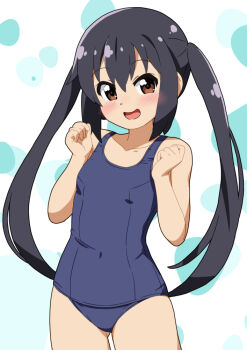 1girl bare_arms bare_legs bare_shoulders black_hair blue_one-piece_swimsuit blush breasts brown_eyes collarbone dot_nose feet_out_of_frame female_focus hair_between_eyes johnko_ k-on! legs long_hair looking_at_viewer nakano_azusa one-piece_swimsuit open_mouth small_breasts smile solo standing swimsuit twintails