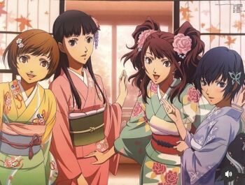 4girls amagi_yukiko blue_hair blush earrings female_focus highres japanese_clothes jewelry kimono kujikawa_rise long_hair looking_at_viewer multiple_girls official_art persona persona_4 satonaka_chie shirogane_naoto short_hair twintails