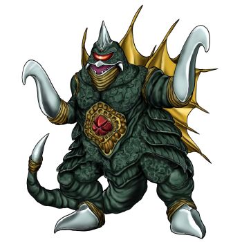 1boy arms_up beak bemstar colored_skin commentary commentary_request cyborg fangs full_body fusion giant giant_monster gigan godzilla_(series) godzilla_vs._gigan green_skin highres hook hook_hand horns kaiju no_humans no_pupils one-eyed open_mouth partial_commentary red_eyes satoru33 scales science_fiction sharp_teeth simple_background single_horn solo spiked_feet spiked_tail spines standing tail teeth toho tsuburaya_productions ultra_series ultraman_(1st_series) white_background