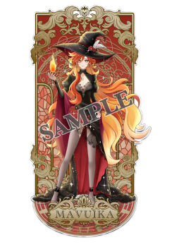 1girl absurdres alternate_costume black_dress black_hat black_shoes black_thighhighs blonde_hair breasts character_name cleavage commentary_request dress earrings fingernails fire genshin_impact hair_between_eyes hand_up hat high_heels highres jewelry large_breasts long_dress long_hair long_sleeves looking_at_viewer mavuika_(genshin_impact) multicolored_hair partially_submerged pyrokinesis red_eyes red_hair sample_watermark shoes solo standing symbol_in_eye thighhighs very_long_hair watermark white_background witch_hat yuchu_zyj19980429