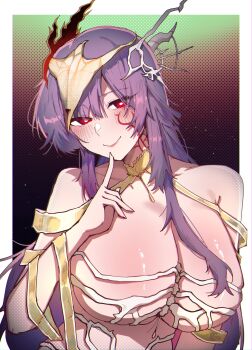 1girl absurdres bare_shoulders blush breasts cleavage commentary_request facial_mark fate/grand_order fate_(series) headpiece highres index_finger_raised kaoneawmoon large_breasts long_hair looking_at_viewer purple_hair red_eyes ribbon smile solo urd_(fate) very_long_hair