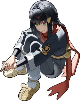 Rule 34 | 1girl, 987645321o, akari (pokemon), black hair, black jacket, black pantyhose, black sash, black shirt, closed mouth, galaxy team survey corps uniform, green eyes, grey jacket, highres, jacket, knees up, long hair, long sleeves, loose socks, nintendo, pantyhose, pokemon, pokemon legends: arceus, red eyes, red scarf, sash, scarf, shirt, shoes, sidelocks, simple background, sitting, smile, socks, white background, white socks