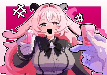 1girl @_@ absurdres alcohol bell_bow black_bow black_bowtie black_dress black_eyes border bow bowtie breasts commentary cup demon_girl demon_horns dress drinking_glass drop_shadow femme_soule frostto gloves grey_dress hair_intakes hand_up highres holding holding_cup horns impossible_clothes impossible_dress large_breasts long_hair long_sleeves looking_at_viewer messy_hair mismatched_pupils outside_border pink_background pink_eyes pink_hair pov pov_hands pukey_goddess_shot_trick shot_glass solo straight-on sweat two-tone_dress upper_body white_border white_gloves