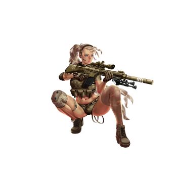 1girl artist_request bipod blonde_hair blue_eyes boots breasts bulletproof_vest buttons closed_mouth crystal_maiden_(series) full_body game_cg gloves gun headset highres holding holding_gun holding_weapon justice_(crystal_maidens) looking_to_the_side navel official_art rifle scope short_sleeves sniper_rifle solo sr-25 suppressor thigh_strap transparent_background variant_set watch weapon