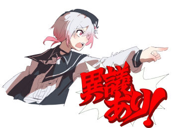 1girl ace_attorney beret black_hat chinese_commentary commentary_request gradient_hair hat highres long_sleeves mahou_shoujo_no_majo_saiban multicolored_hair objection open_mouth parody pink_eyes pointing sakuraba_ema short_hair simple_background solo translation_request upper_body white_background white_hair xiongmao