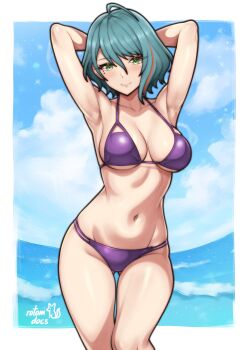 1girl absurdres ahoge armpits arms_behind_head arms_up artist_name bikini blue_sky border breasts closed_mouth cloud cloudy_sky commentary commission dead_or_alive dead_or_alive_xtreme dead_or_alive_xtreme_venus_vacation english_commentary feet_out_of_frame gluteal_fold green_eyes green_hair highres ko-fi_commission large_breasts light_blush looking_at_viewer mole mole_under_eye multicolored_hair navel ocean orange_hair outside_border purple_bikini rotomdocs short_hair sky smile solo standing streaked_hair swimsuit tamaki_(doa) water white_border