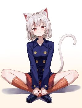 Rule 34 | 1girl, animal ears, cat ears, cat girl, cat tail, commentary request, cosplay, grey hair, highres, hunter x hunter, i.f.s.f, long sleeves, looking at viewer, neferpitou, neferpitou (cosplay), neneko mashiro, orange socks, red eyes, red shorts, short hair, shorts, sitting, socks, solo, stellive, tail, virtual youtuber