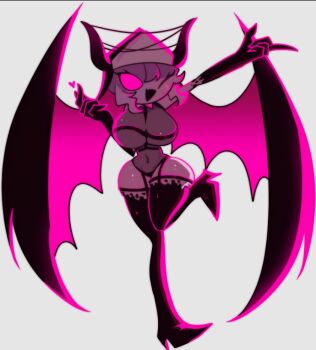 1girl bare_shoulders breasts demon_girl demon_horns demon_wings finger_heart friday_night_funkin&#039; full_body genderswap genderswap_(mtf) gloves high_heels horns large_breasts legs_up leotard middle_finger navel non-web_source nun one_eye_closed pink_eyes selvena_(friday_night_funkin&#039;) smile thick_thighs thighhighs thighs white_background wings
