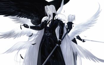 2boys absurdly_long_hair angel_wings arm_up black_coat black_pants black_wings coat commentary curtained_hair dual_persona falling_feathers feathers final_fantasy final_fantasy_vii final_fantasy_vii_ever_crisis hair_behind_ear hayashishisou highres holding holding_sword holding_weapon katana left-handed long_hair long_sleeves male_focus masamune_(ff7) multiple_boys pants sephiroth sephiroth_(ever_crisis) short_hair simple_background single_wing standing sword symbol-only_commentary very_long_hair weapon white_background white_hair white_wings wings