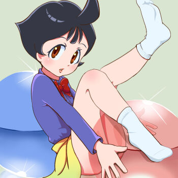 1girl black_hair blue_shirt bowtie brown_eyes collared_shirt female_focus flat_chest fushigi_na_merumo gashapon glint green_background knees_together_feet_apart leg_up legs loli long_sleeves looking_at_viewer merumo miniskirt oira_wa_arumajiro parted_lips red_bow red_bowtie shirt short_hair simple_background sitting skirt socks solo teeth thighs white_socks yellow_skirt