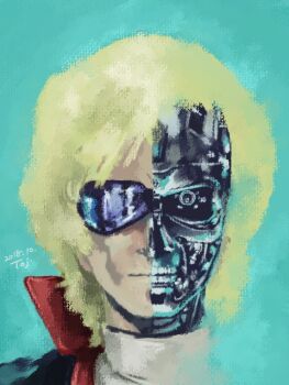 Rule 34 | 1980s (style), 1boy, aeug, android, ayk-rs401i, blonde hair, char aznable, crossover, cyborg, damaged, gundam, injury, looking at viewer, machinery, male focus, military uniform, oekaki, oldschool, parody, portrait, quattro bajeena, retro artstyle, reveal, robot, science fiction, style parody, sunglasses, t-800, teeth, terminator (series), the terminator, upper body, yasuhiko yoshikazu (style), zeta gundam