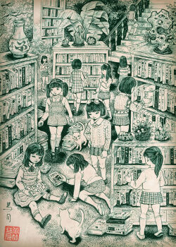 6+girls all_fours animal book bookshelf bow cat cherry_blossoms crystal dress flower fractal_underground_studio hair_bow hairband hand_on_own_hip holding holding_book kneehighs library long_hair long_sleeves looking_down mary_janes monochrome multiple_girls neck_ribbon original plaid_clothes plaid_skirt plant ponytail reading ribbon rock shirt shoes short_hair sitting skirt sleeveless sleeveless_dress socks stairs standing statue striped_clothes striped_shirt traditional_media tree twintails vase walking