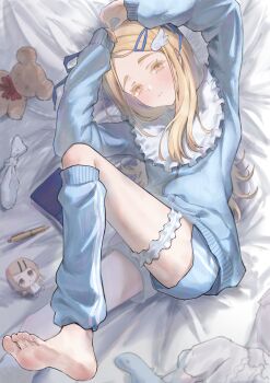 1girl absurdres arms_up barefoot bed_sheet bib_collar blonde_hair blue_jacket blue_leg_warmers blue_ribbon blue_shorts blush book character_doll chibigurumi colored_eyelashes commentary crane666 doll feet flipped_hair foot_out_of_frame frilled_shirt_collar frilled_thigh_strap frills gakuen_idolmaster hair_ornament hairclip highres idolmaster jacket leg_up leg_warmers legs long_hair long_sleeves looking_at_viewer lying on_back orange_eyes parted_bangs parted_lips pen revision ribbon ribbon-trimmed_sleeves ribbon_trim shinosawa_hiro short_shorts shorts soles solo striped_clothes striped_shorts stuffed_animal stuffed_toy teddy_bear tenshi_kaiwai thigh_strap toes track_jacket wing_hair_ornament zipper_pull_tab