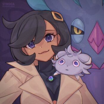 1girl beak black_bodysuit black_hair black_sclera blue_eyes bodysuit bodysuit_under_clothes breasts brown_jacket closed_mouth colored_sclera dark-skinned_female dark_skin emma_(pokemon) espurr gen_6_pokemon grey_fur hair_ornament jacket latex latex_bodysuit looking_at_viewer malamar mega_stone nintendo on_shoulder pokemon pokemon_(creature) pokemon_legends:_z-a pokemon_on_shoulder purple_eyes short_hair smile symoca yellow_eyes
